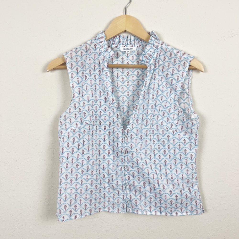 Sleeveless Printed V-Neck Blouse - Blue & White
